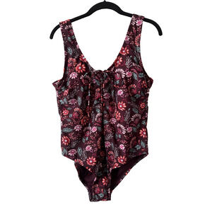 Hot Water Women’s 1X Boho Floral‎ Lace Up One Piece Built In Bra Swimsuit Beach